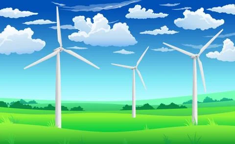 White wind generators mills, wind turbine on green field, wind energy eco 스톡 일러스트
