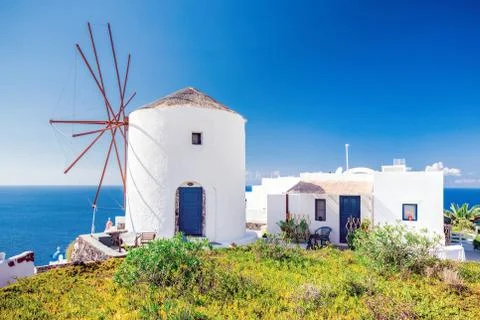 White wind mill Santorini Stock Photos