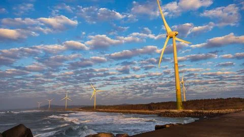 White wind turbines stand along the coast. Fotos Stock