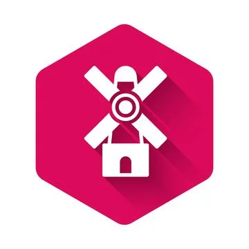 White Windmill icon isolated with long shadow background. Pink hexagon button Stock Illustration