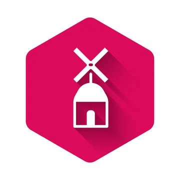 White Windmill icon isolated with long shadow. Pink hexagon button. Vector Stock Illustration