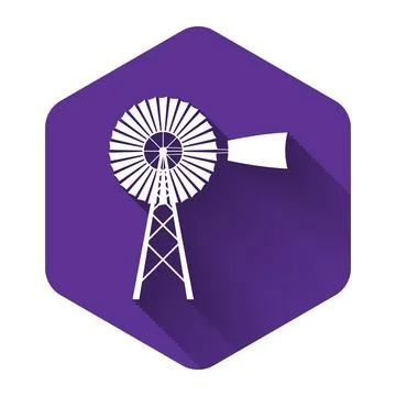 White Windmill icon isolated with long shadow. Purple hexagon button. Vector Stock Illustration