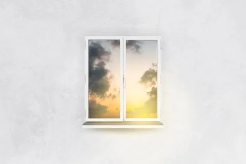 White Window and Cloudy Sky Background on Grunge Wall Stock Photos