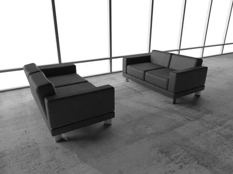 White window and two black leather sofas, 3d Stock-Illustration