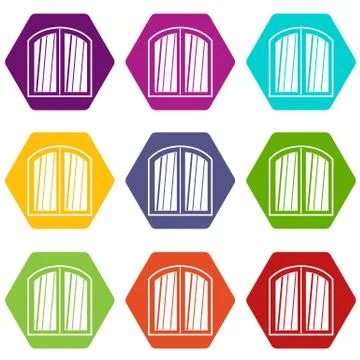 White window arched frame icon set color hexahedron Ilustración de archivo