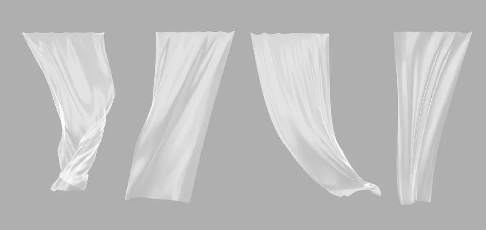 White window curtains, 3d render. Realistic set of billowing silk cloth in Illustrazione stock