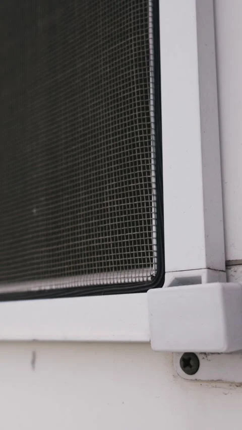 White Window Frame with Installed Mosquito Insect Screen Protection Close Up Stock Footage 334736245