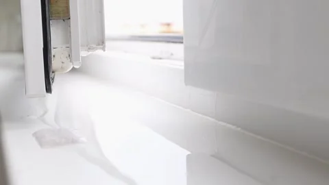 White window frame opens with dripping drops over window sill Vídeo Stock 294019592