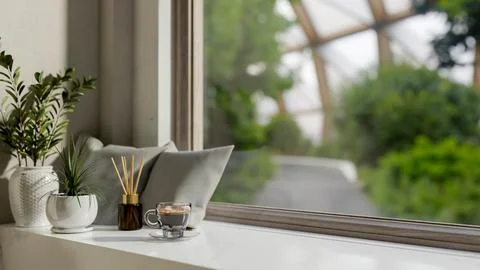 A white window sill or board featuring a coffee cup, pillows, a reed diffus.. Ilustração Stock