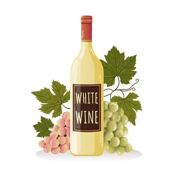 White wine Blanc bottle vector illustration with bunch of grapes and leaves isol Stock Illustration