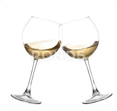 WHITE Wine collection - Cheers! Clink glasses with white wine. Isolated on wh Stock Photos