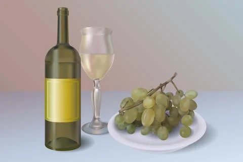 White wine vector background. Wine bottle with glass and plate full of grapes Stock Illustration