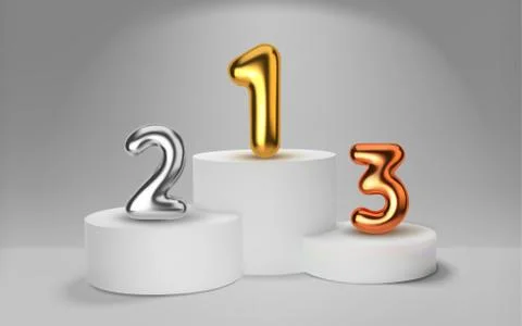 White winners podium 3D render. Number in the form of golden balloons. Awarding Stock Illustration