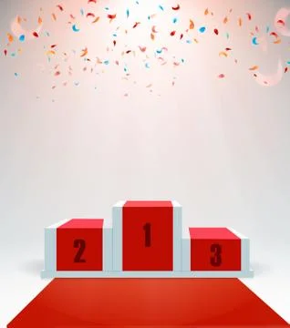 White winners podium with red carpet and confetti. Stage for awards ceremony Stock Illustration