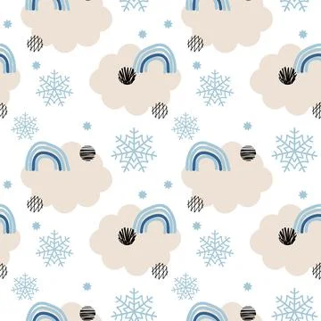 White Winter Abstract seamless Pattern with snowflakes, clouds, rainbow. Tren Stock Illustration