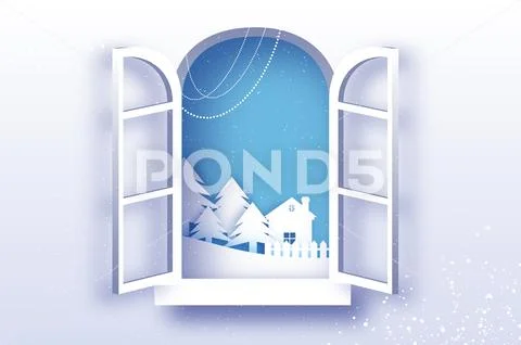White Winter Origami Landscape and Village with blue sky. City Urban Countryside Stock Illustration
