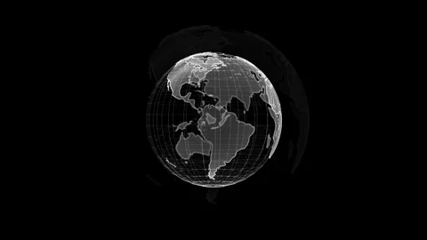 White wire globe background rotating earth map, grid mesh, dark space, global te Stock Footage 340412267