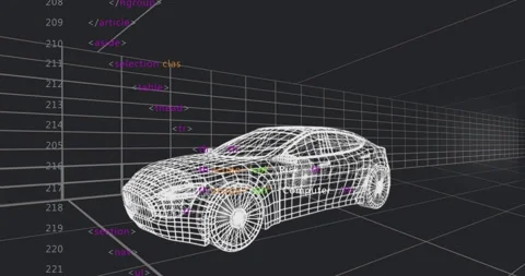 White wireframe car model rotating on perspective grid floor, showing colored Stock Footage 307452870