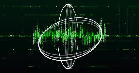 White wireframe ellipsoid orbiting central green waveform on screen, showing Illustrazione stock