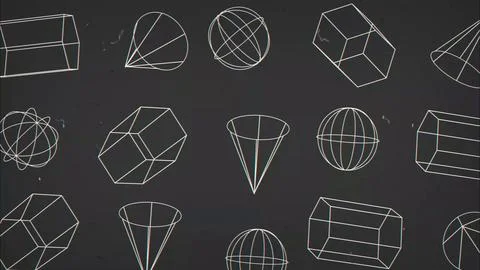 White Wireframe Geometric Solids on Dark Chalkboard Illustration
