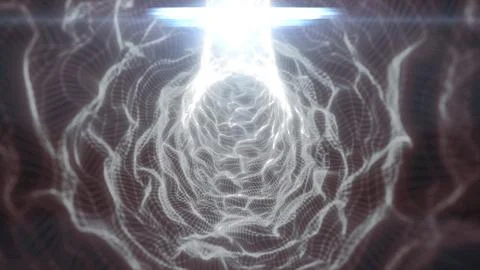 White wireframe vortex resembling a glowing digital flower, with soft flare.. Stockillustratie