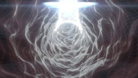 White wireframe vortex resembling a glowing digital flower, with soft flare.. Stockillustratie