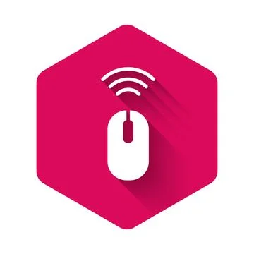 White Wireless computer mouse system icon isolated with long shadow. Intern.. 스톡 일러스트