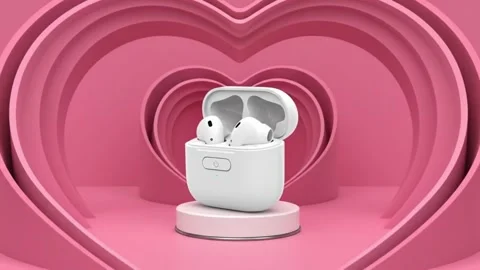 White wireless earbuds in open charging case on pink heart shaped podium an.. Stock Footage 331239940