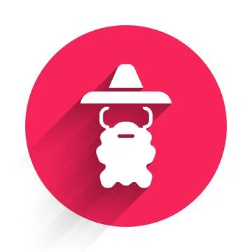 White Wizard warlock icon isolated with long shadow. Red circle button. Vecto Stock Illustration