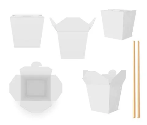 White wok box with sticks vector 3d mockup set Illustrazione stock