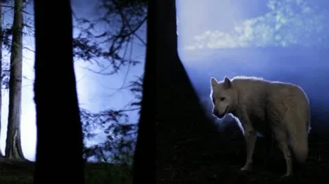White wolf in blue fog Stock Footage 12448465
