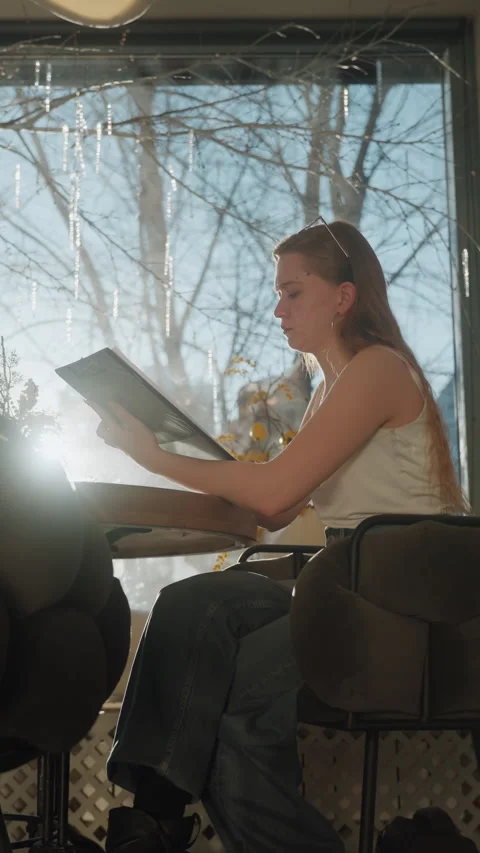 White woman reading menu by window, sunlight through bare trees, tea on table Stock Footage 345170045