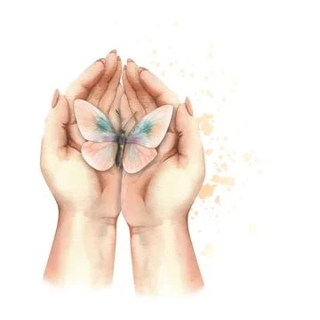 A white woman's hands are folded into a butterfly. Realistic hand-drawn Stock Illustration