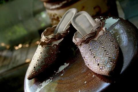 White women's wedding shoes to complement the wedding dress Stock Photos