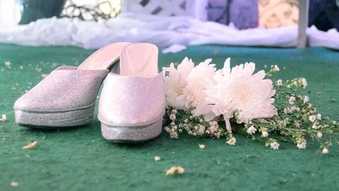 White women's wedding shoes to complement the wedding dress Stock Photos