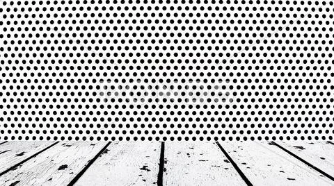 White wooden floor and black dots on white front Stock Photos