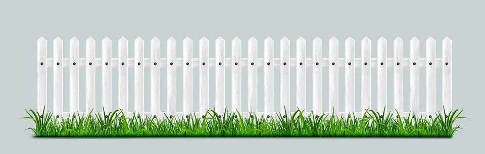 White wooden picket fence with green grass Stock Illustration