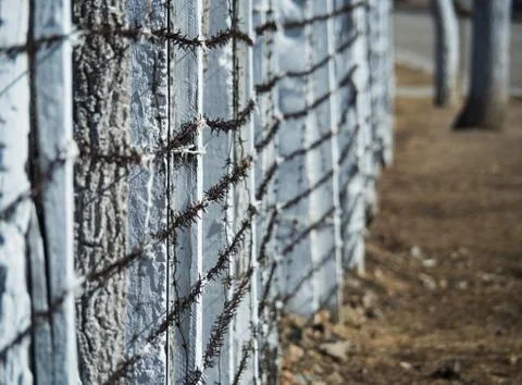 White wooden posts with stretched rusty metal barbed wire. Stock Photos
