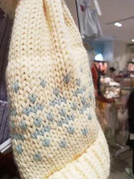 White wool hat with blue pattern Stock Photos