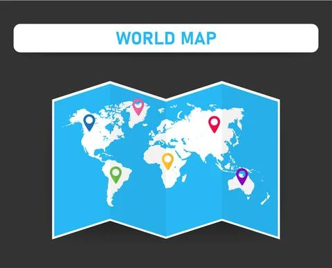 White world on a blue map and marker different colors on it. Dark gray backgr Illustrazione stock