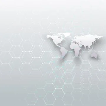 White world map, connecting lines and dots on gray color background. Chemistry Stock Illustration