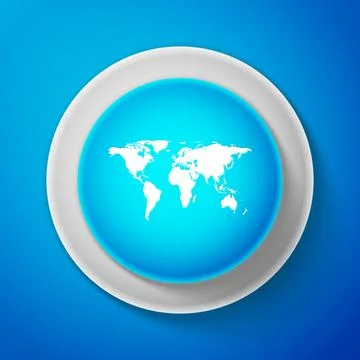 White World map icon isolated on blue background. Circle blue button with white 스톡 일러스트