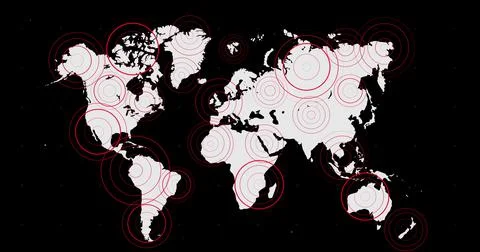 White world map with radiating red concentric circles over territories on blue Ilustração Stock