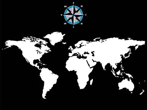 White world map with wind rose isolated on black background white world ma... Stock Photos