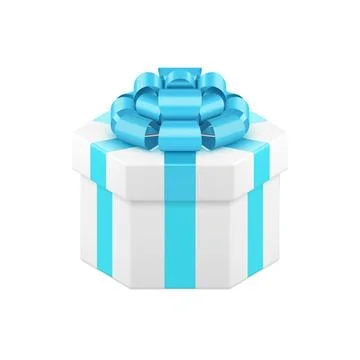 White wrapped hexagonal gift box with luxury blue bow ribbon 3d icon realis.. Illustrazione stock