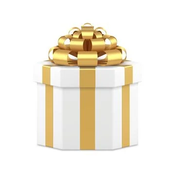 White wrapped polygonal gift box with metallic golden bow ribbon 3d vector il Stock Illustration