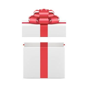 White wrapped rectangular gift box with luxury red bow ribbon 3d icon reali.. 스톡 일러스트