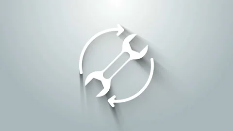 White Wrench spanner and arrows as workflow icon isolated on grey background Stock Footage 145991235
