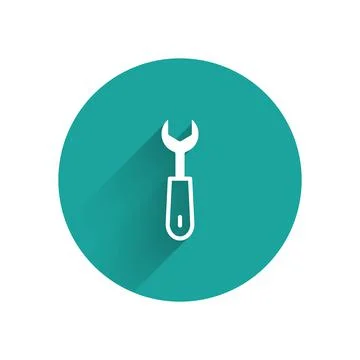 White Wrench spanner icon isolated with long shadow. Green circle button. Vector Stock Illustration
