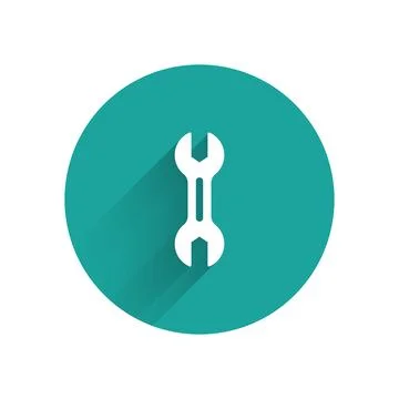 White Wrench spanner icon isolated with long shadow. Green circle button. Vec Stock Illustration